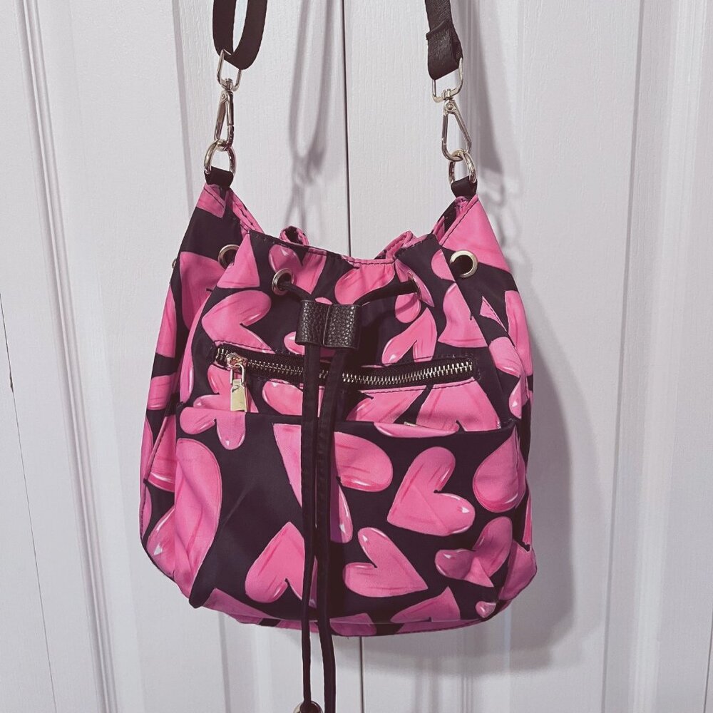 Hearts Drawstring Bucket Purse-Black/Pink-Lightweight-Adjust. Removable strap